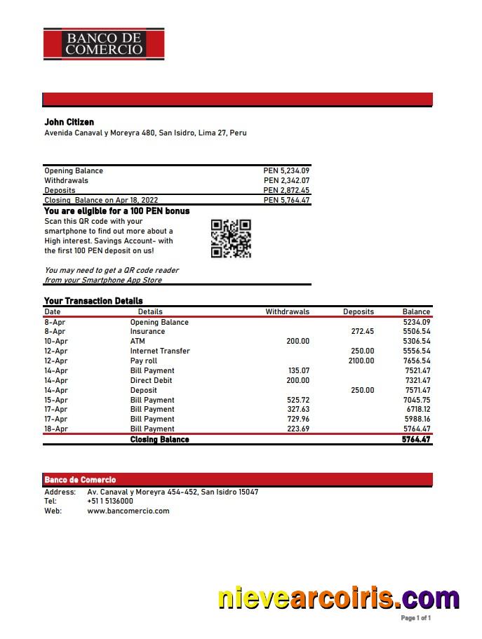 Peru Banco de Comercio bank statement xls